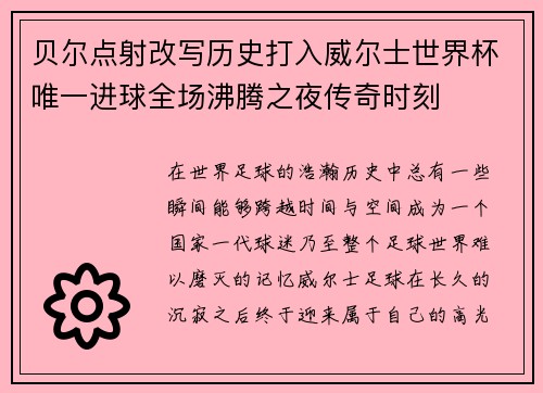贝尔点射改写历史打入威尔士世界杯唯一进球全场沸腾之夜传奇时刻